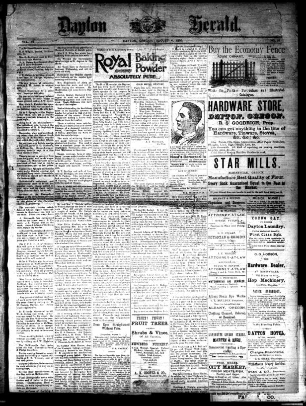 Image or the front page of the Dayton Herald Newspaper dated 08-04-1893
